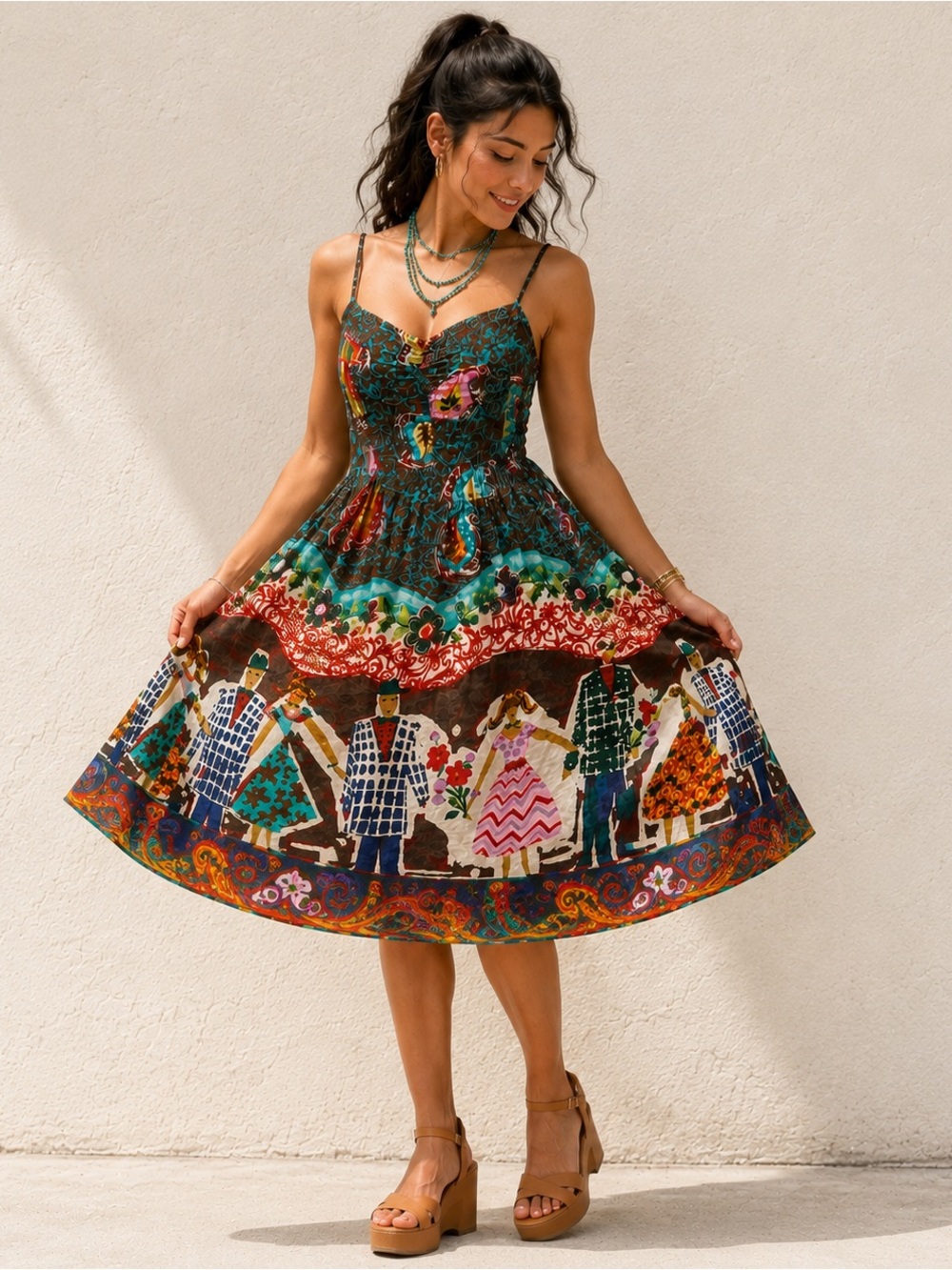 Jams World Just For Fun Hawaiian Rayon Smocked Midi Dress M Folk Art